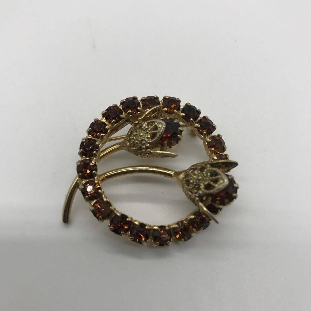 Vintage Brown Rhinestone Gold Tone Flower Wreath Pin Brooch Costume Jewelry